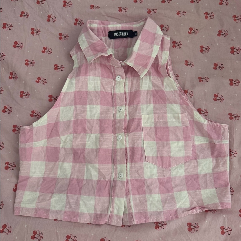 Pink Checker Button Crop Top